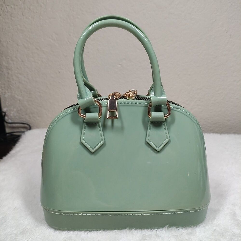 Glossy Green Double Handle Small Purse Gold Zipper - Patent Leather Finish Like